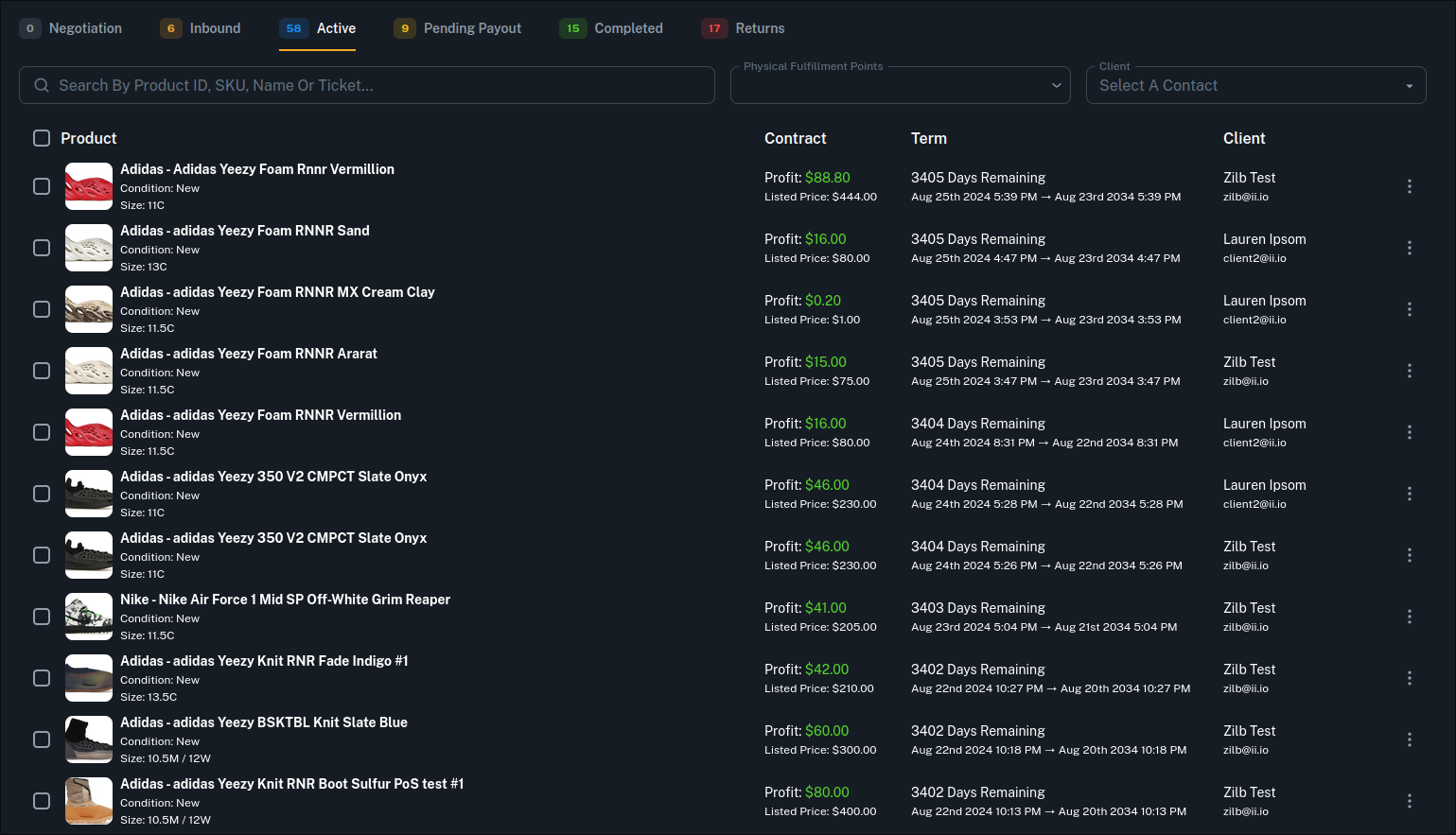 Consignment management screen tracking consignors, items and payouts