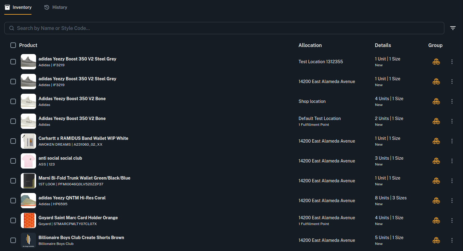 Real-time inventory tracking dashboard with stock levels across locations