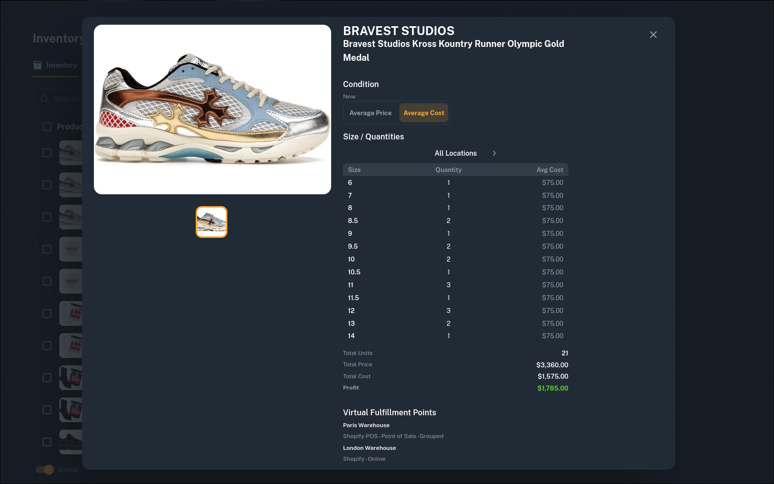 Listing control interface grouping product variants and unique units