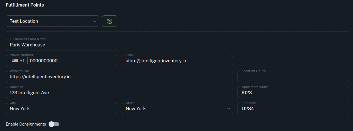 Location management view listing warehouses, stores and storage bins
